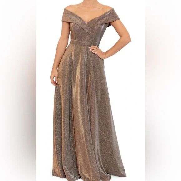 green emerald velvet dress Tessa" Long Glitter Off the Shoulder Ruffle Dress